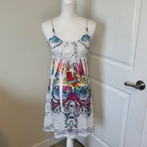 Tattoo Tattoo by Free Spirit White Graphic Print Empire Waist Mini Dress Small - Picture 2 of 4